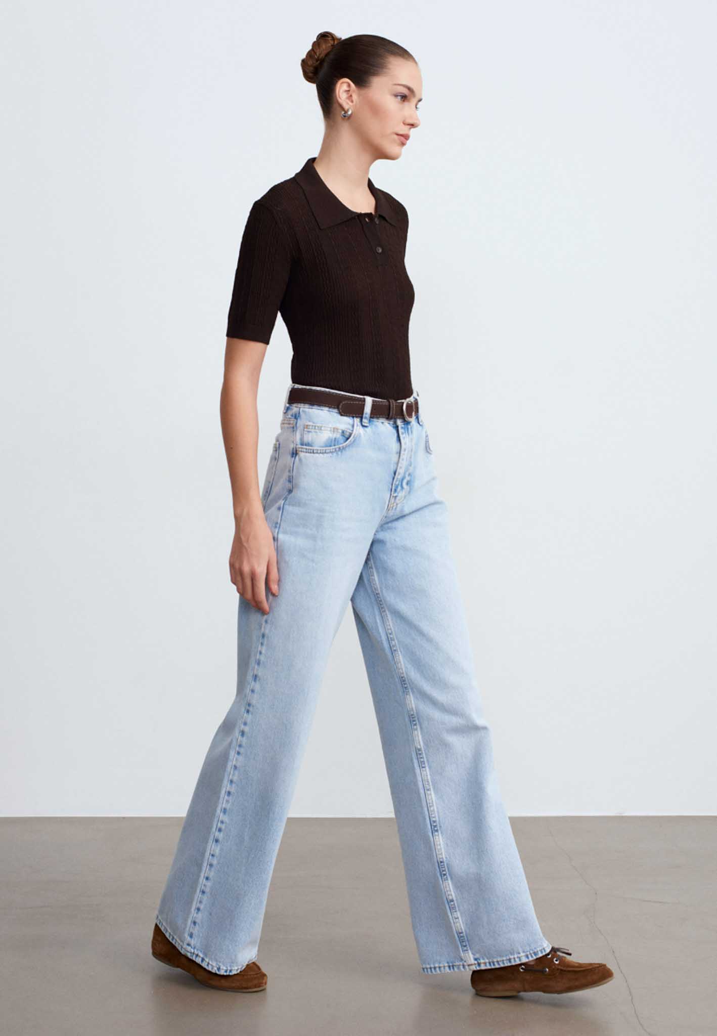 %100 Pamuk Kemerli Wide Leg Buz Mavi Jean