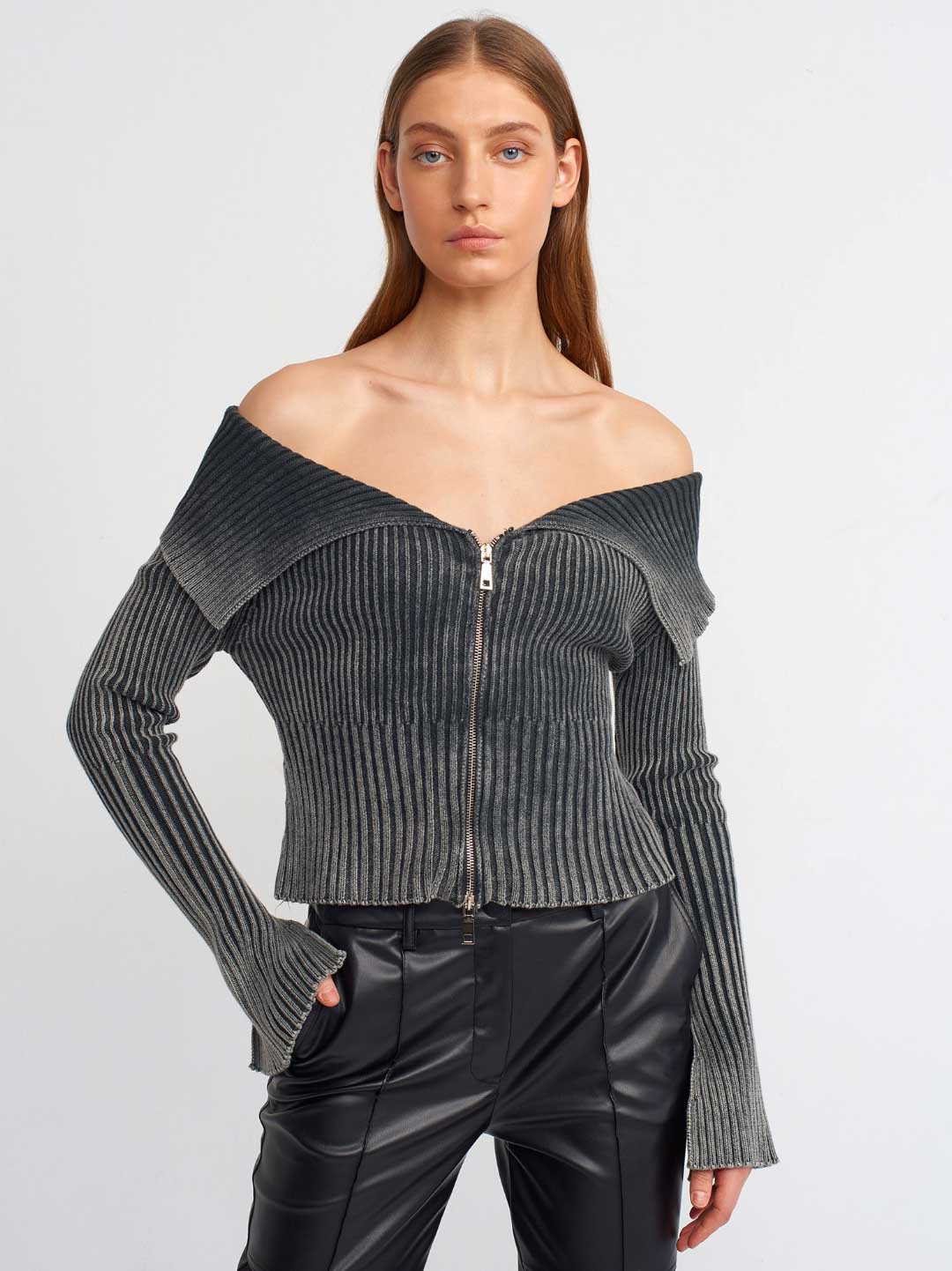 %100 Pamuk Soluk Efektli Kol Yırtmaç Detaylı Fermuarlı Triko Hırka-Antrasit