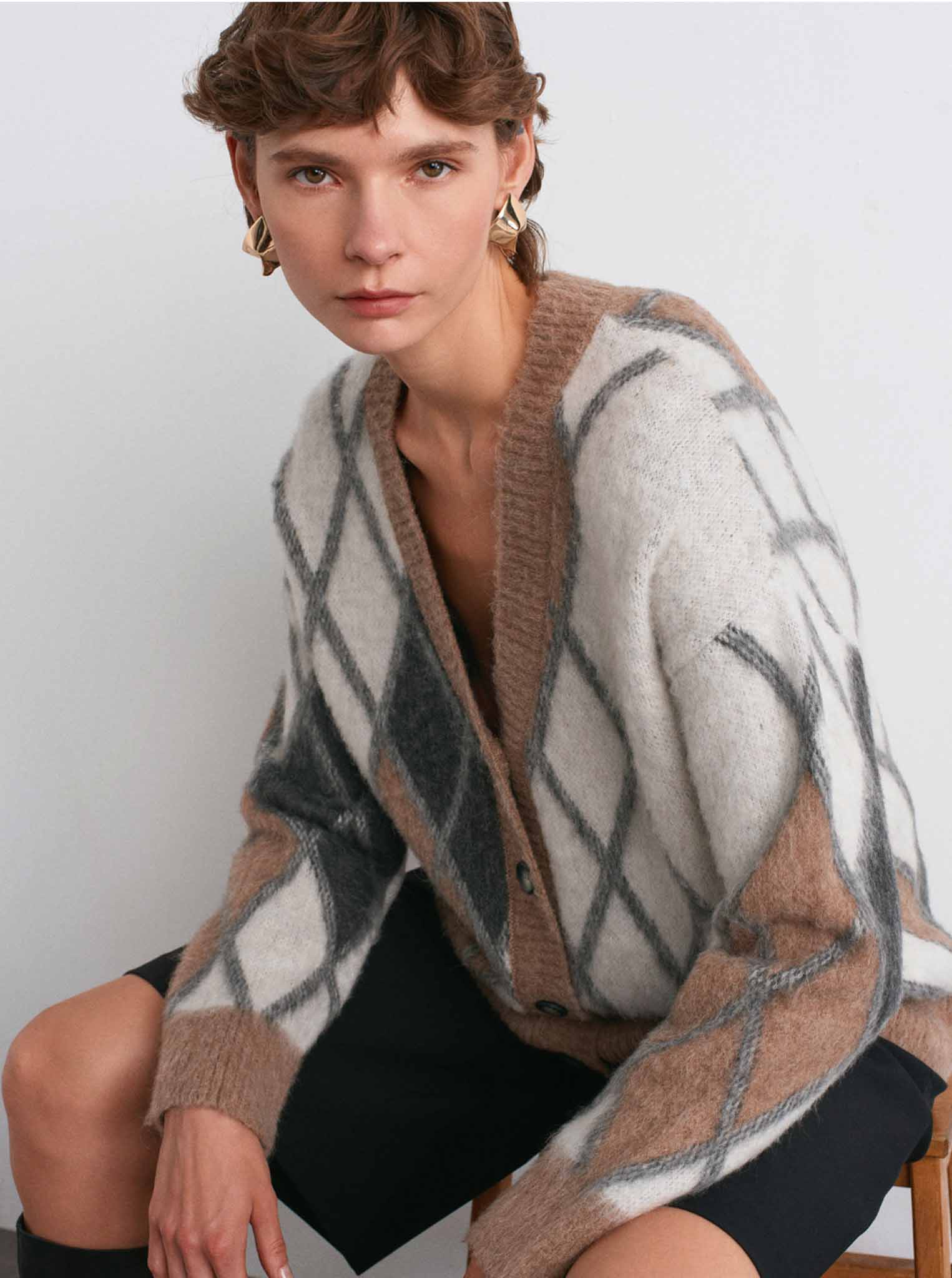 Baklava Desenli Alpaka Karışımlı Triko Vizon Hırka