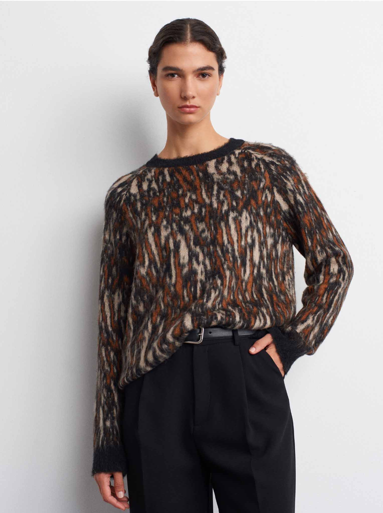 Bej-Kahve Desenli Şardonlu Yumuşak Dokulu Triko Siyah Kazak