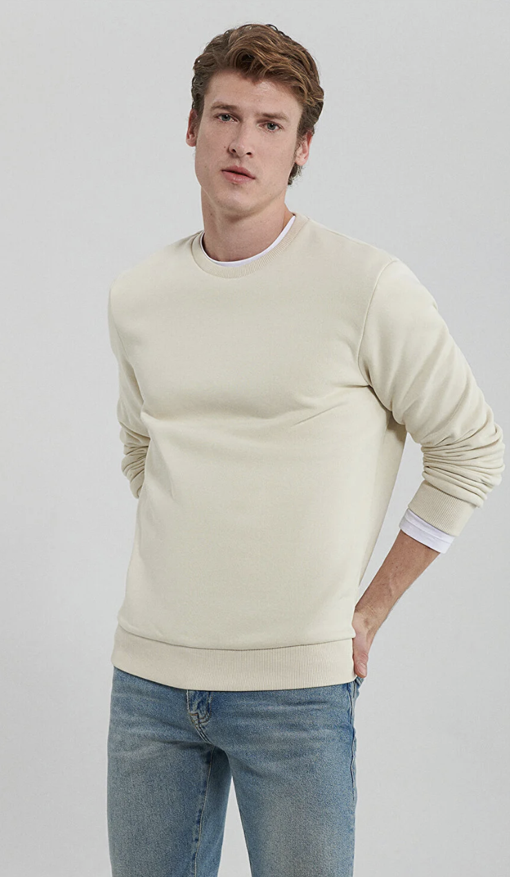 Bisiklet Yaka Bej Şardonlu Basic Sweatshirt