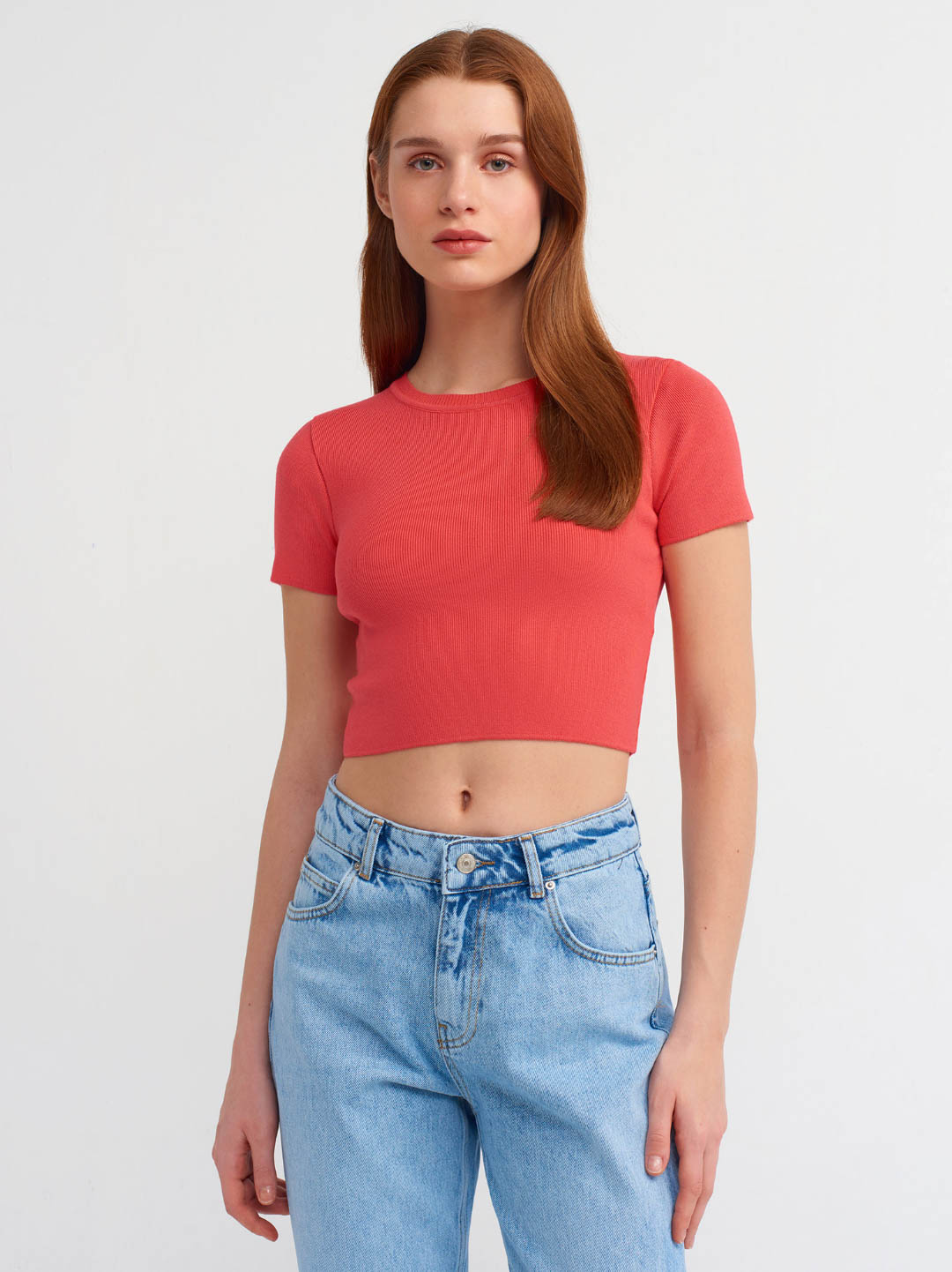 Bisiklet Yaka Kısa Kol İnce Crop Açık Kırmızı Kazak