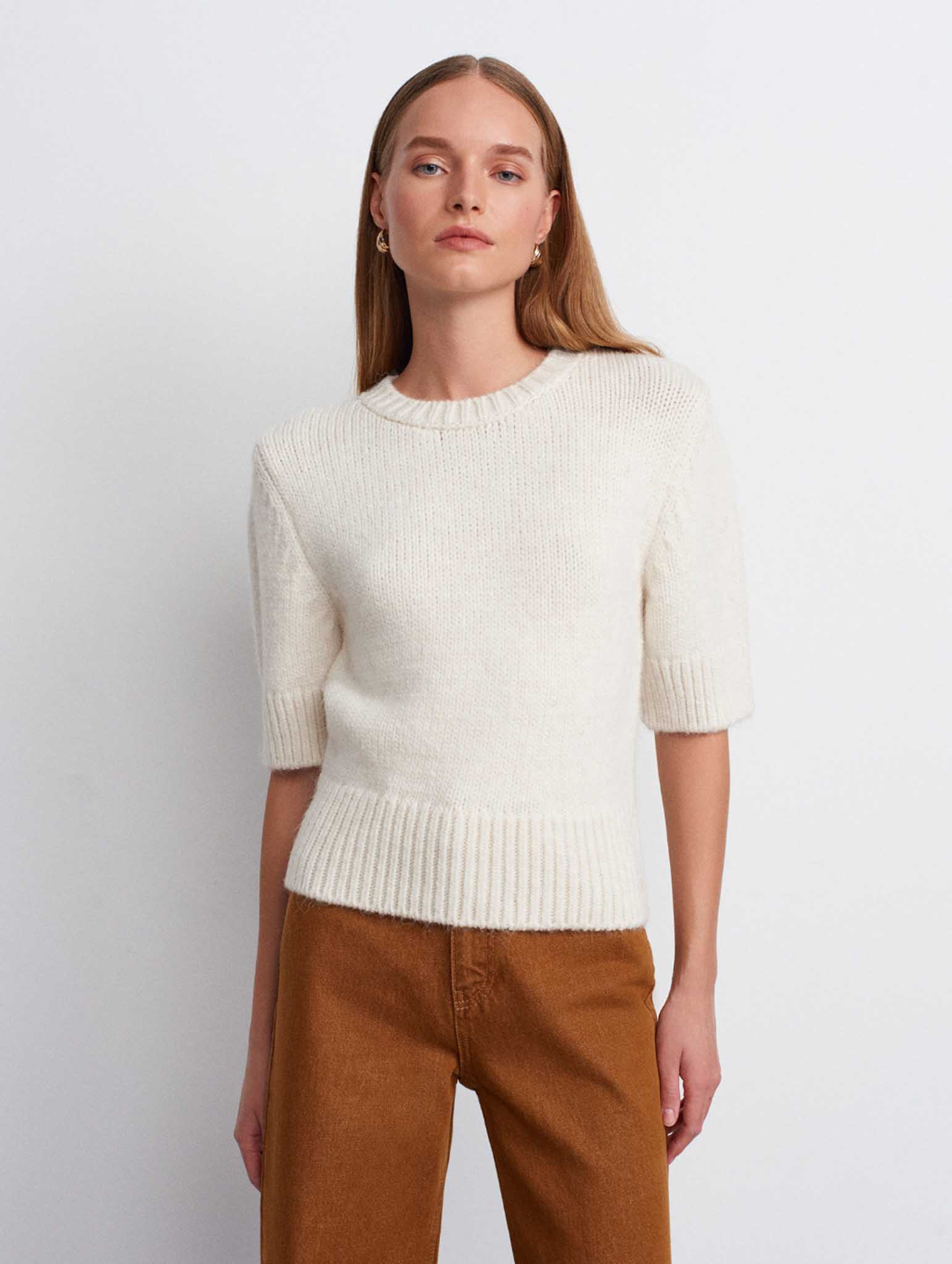 Bisiklet Yaka Kısa Kollu Triko Ekru Kazak