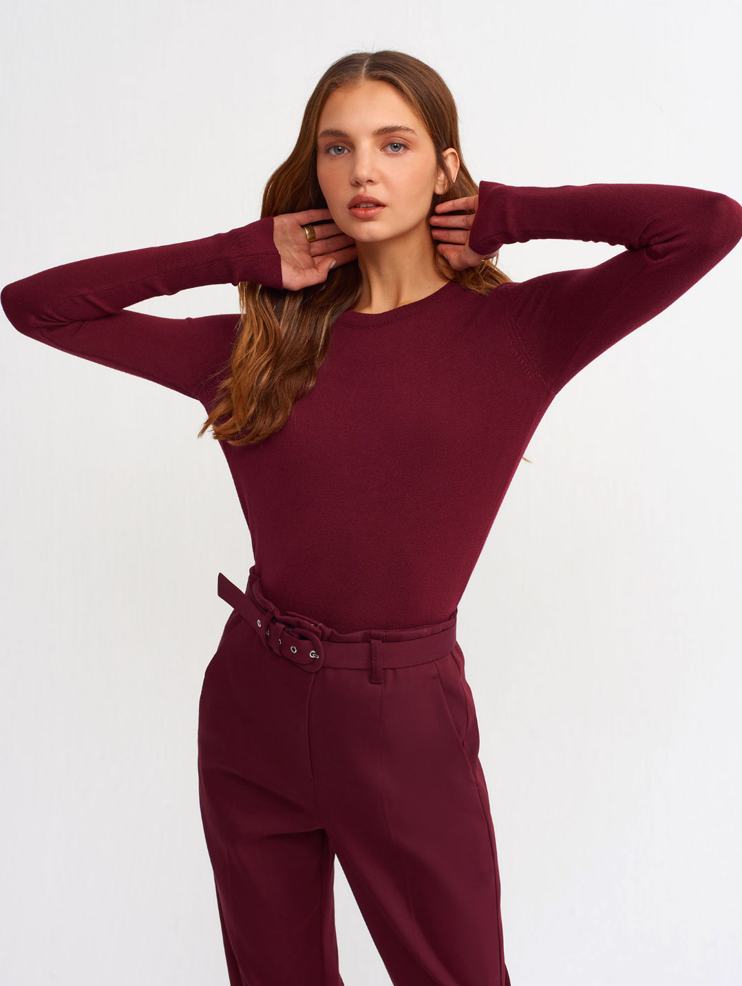 Bisiklet Yaka Kolu Gold Düğmeli Bordo Kazak