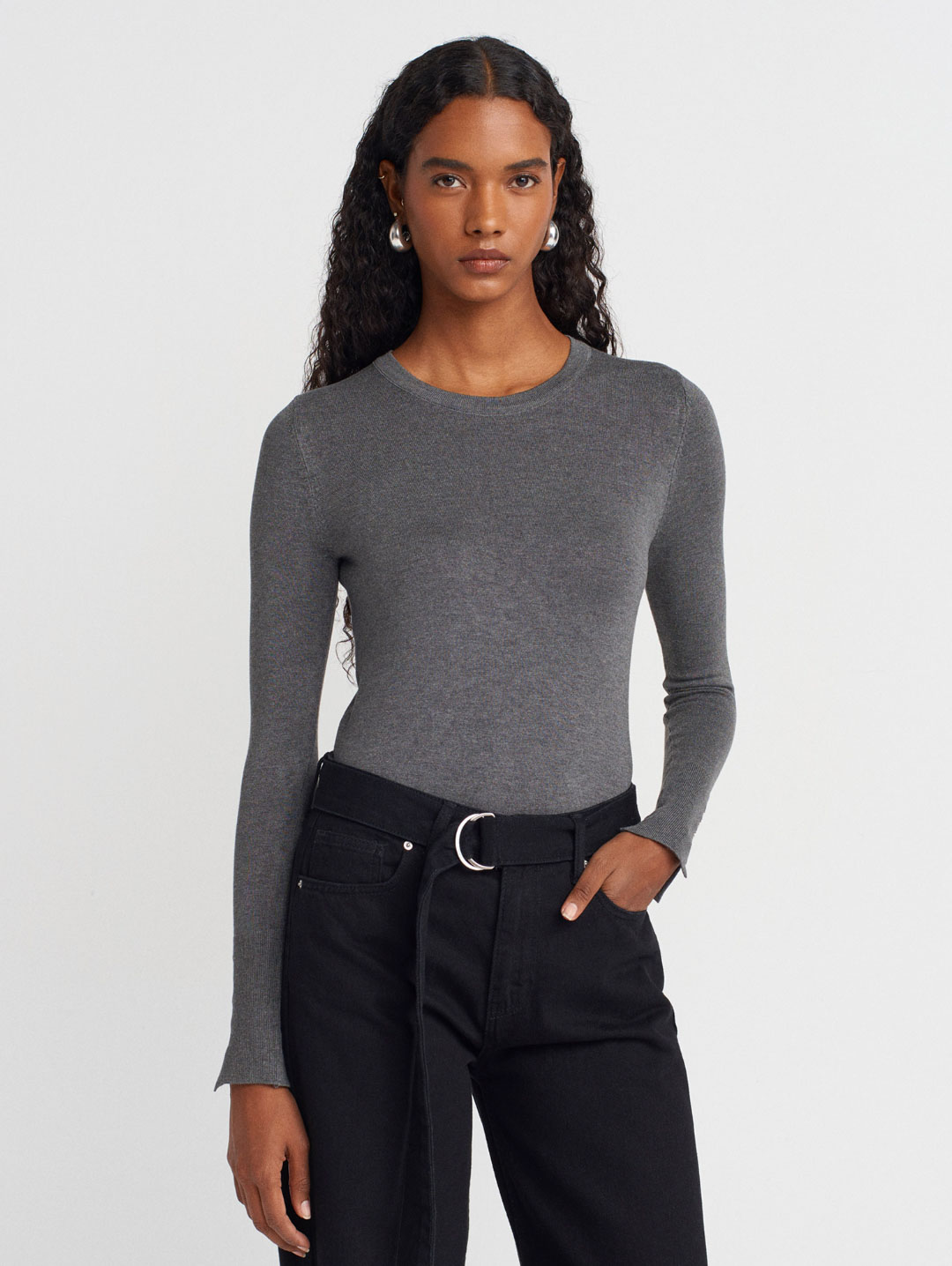 Bisiklet Yaka Kolu Gold Düğmeli Füme Kazak