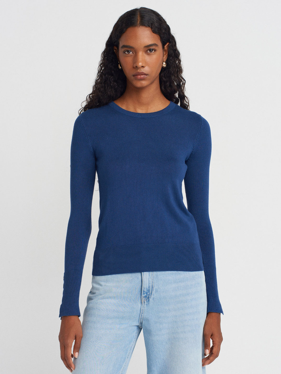 Bisiklet Yaka Kolu Gold Düğmeli İndigo Kazak