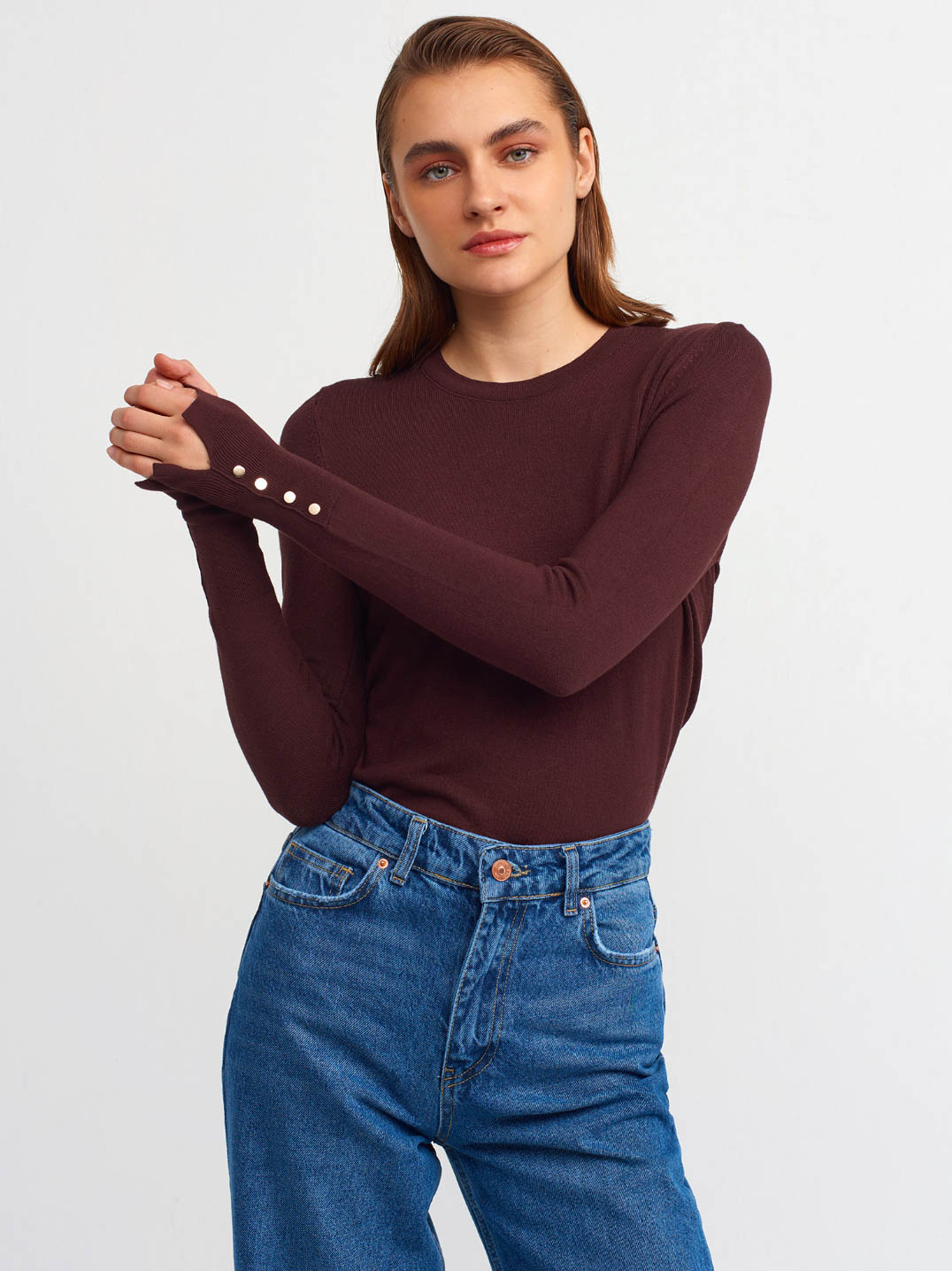 Bisiklet Yaka Kolu Gold Düğmeli Kahve Kazak