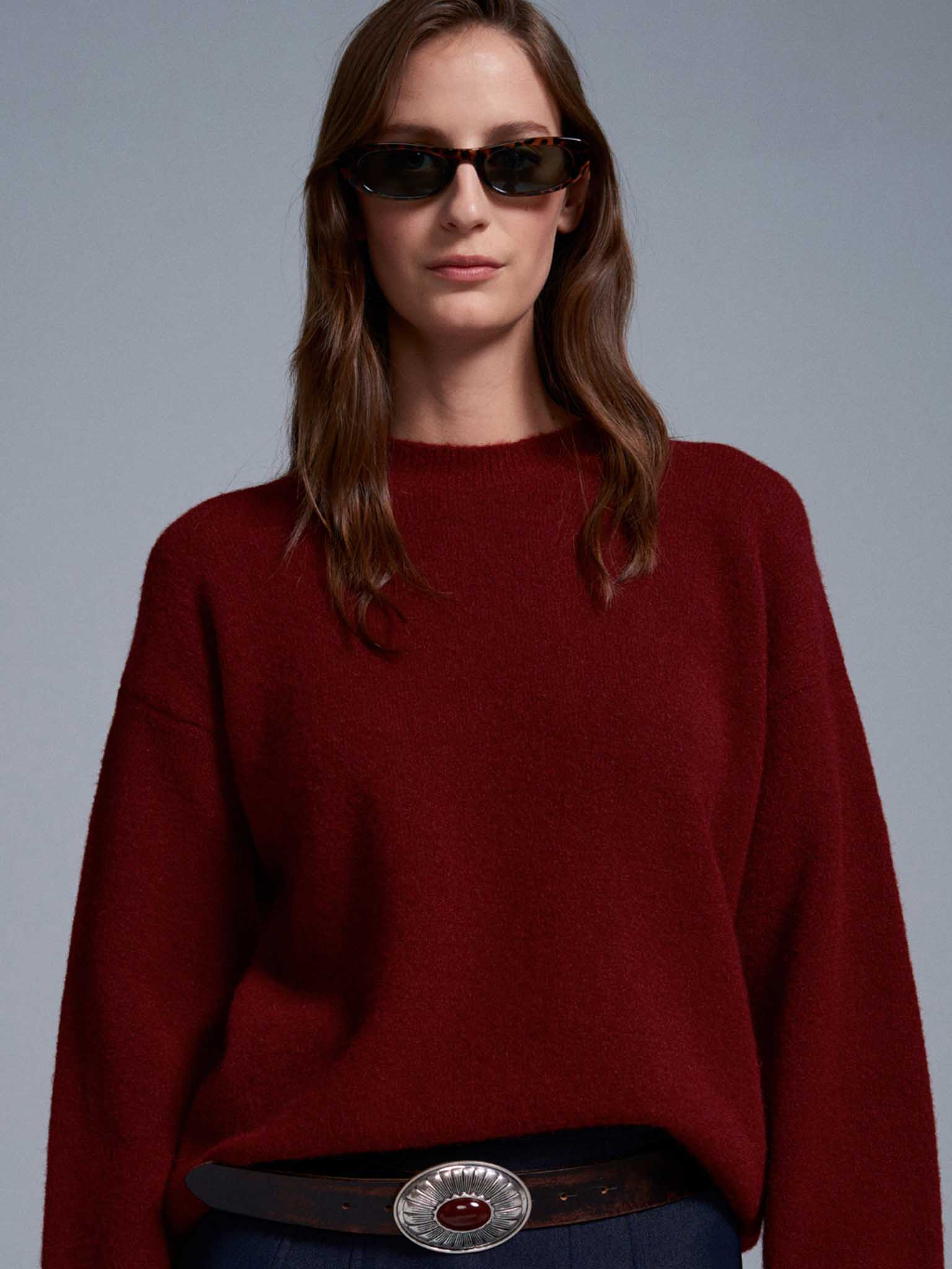 Bisiklet Yaka Yumuşak Dokulu Triko Bordo Kazak