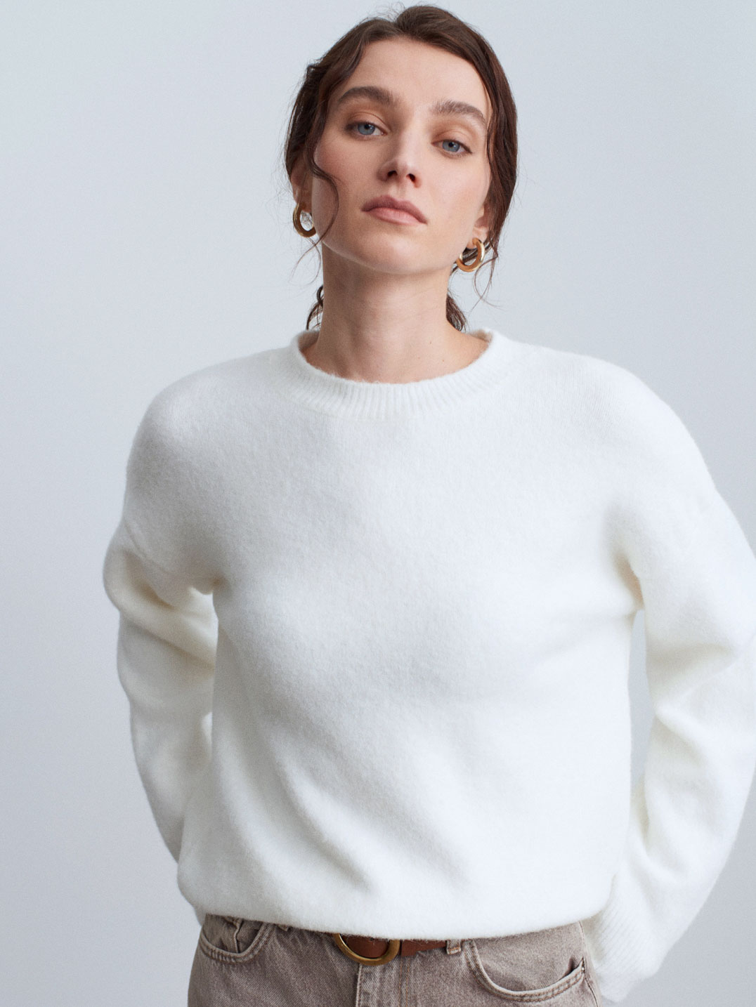 Bisiklet Yaka Yumuşak Dokulu Triko Ekru Kazak