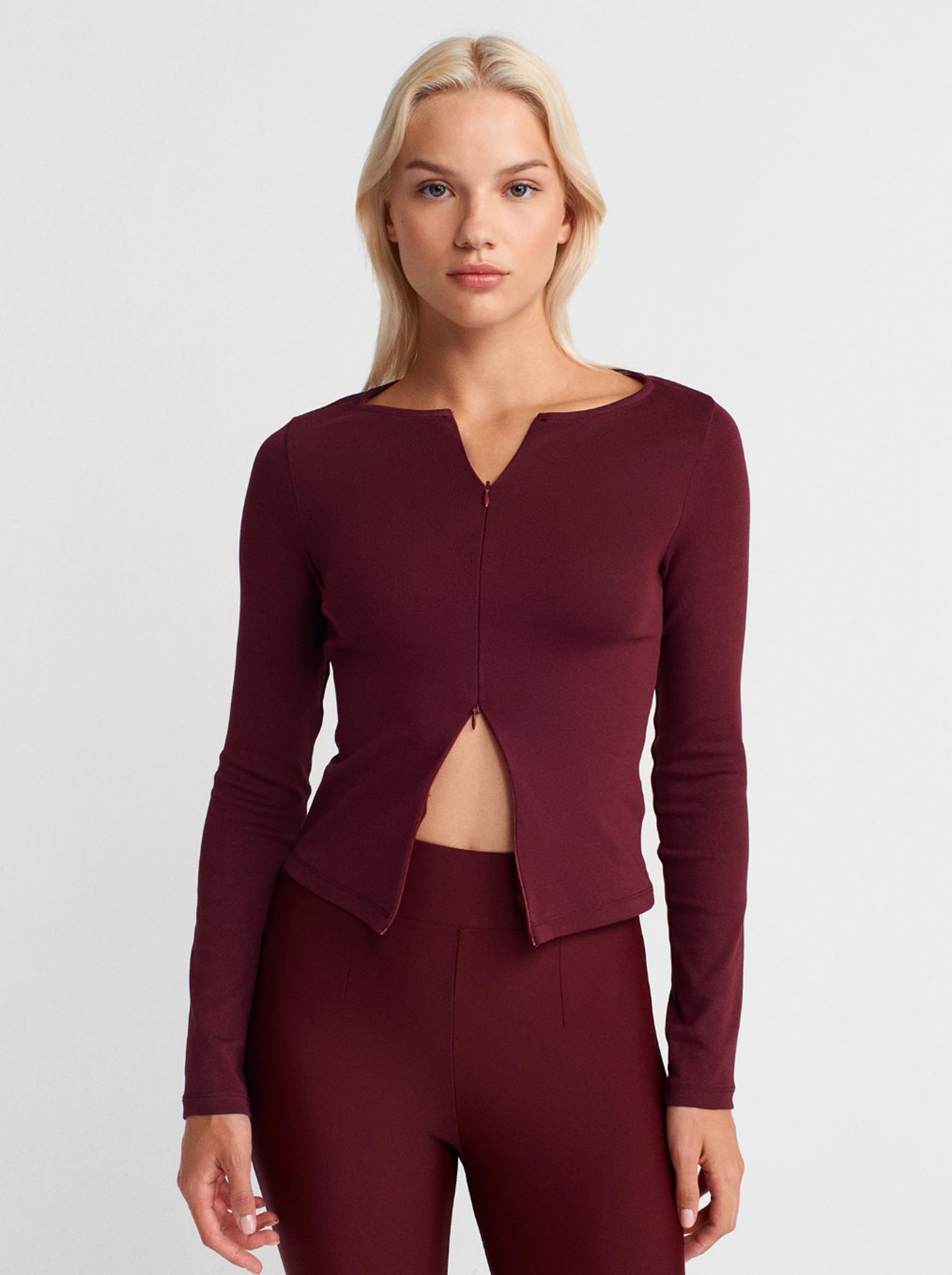 Çift Fermuarlı Top Bordo Slim Fit Bluz