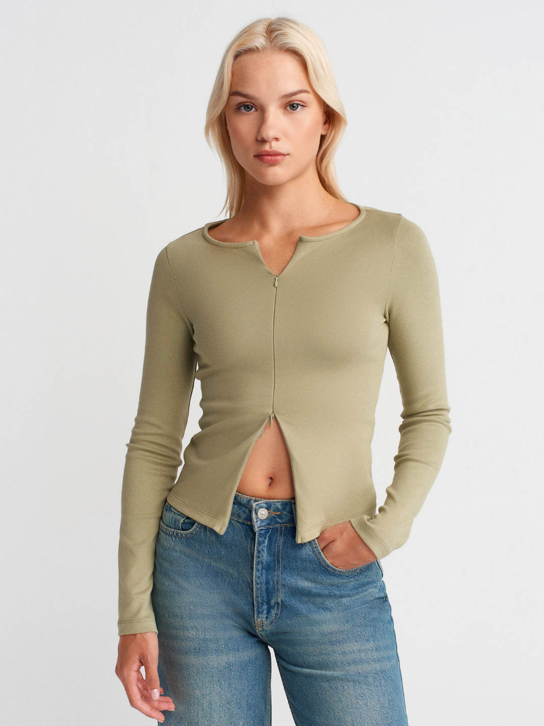 Çift Fermuarlı Top Siyah Slim Fit Bluz