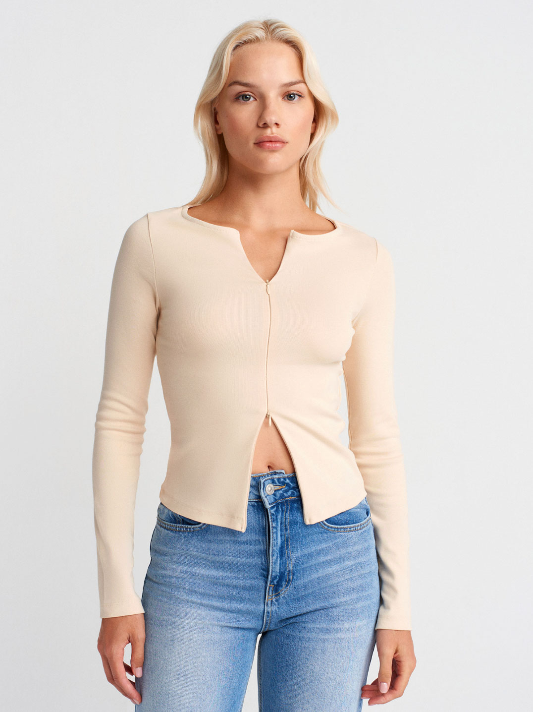 Çift Fermuarlı Top Taş Slim Fit Bluz