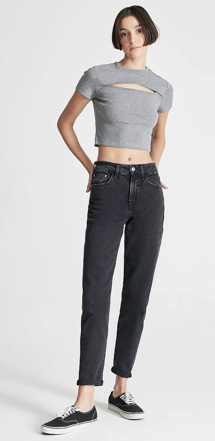 Cindy Yüksek Bel Daralan Paça Antrasit Gri Mom Jeans Pantolon