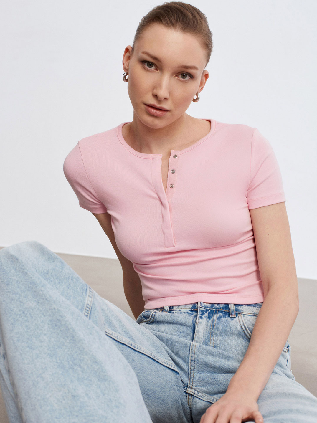 Çıtçıt Düğmeli Kısa Kollu Toz Pembe Top Tişört
