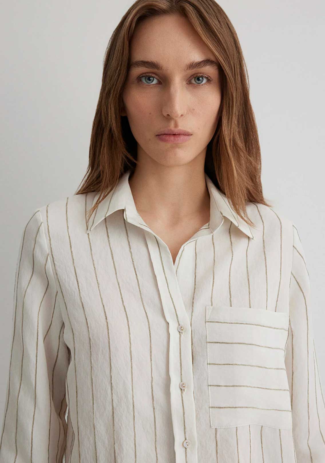 Çizgili Çizgisi Dokuma Loose Fit Ekru Gömlek