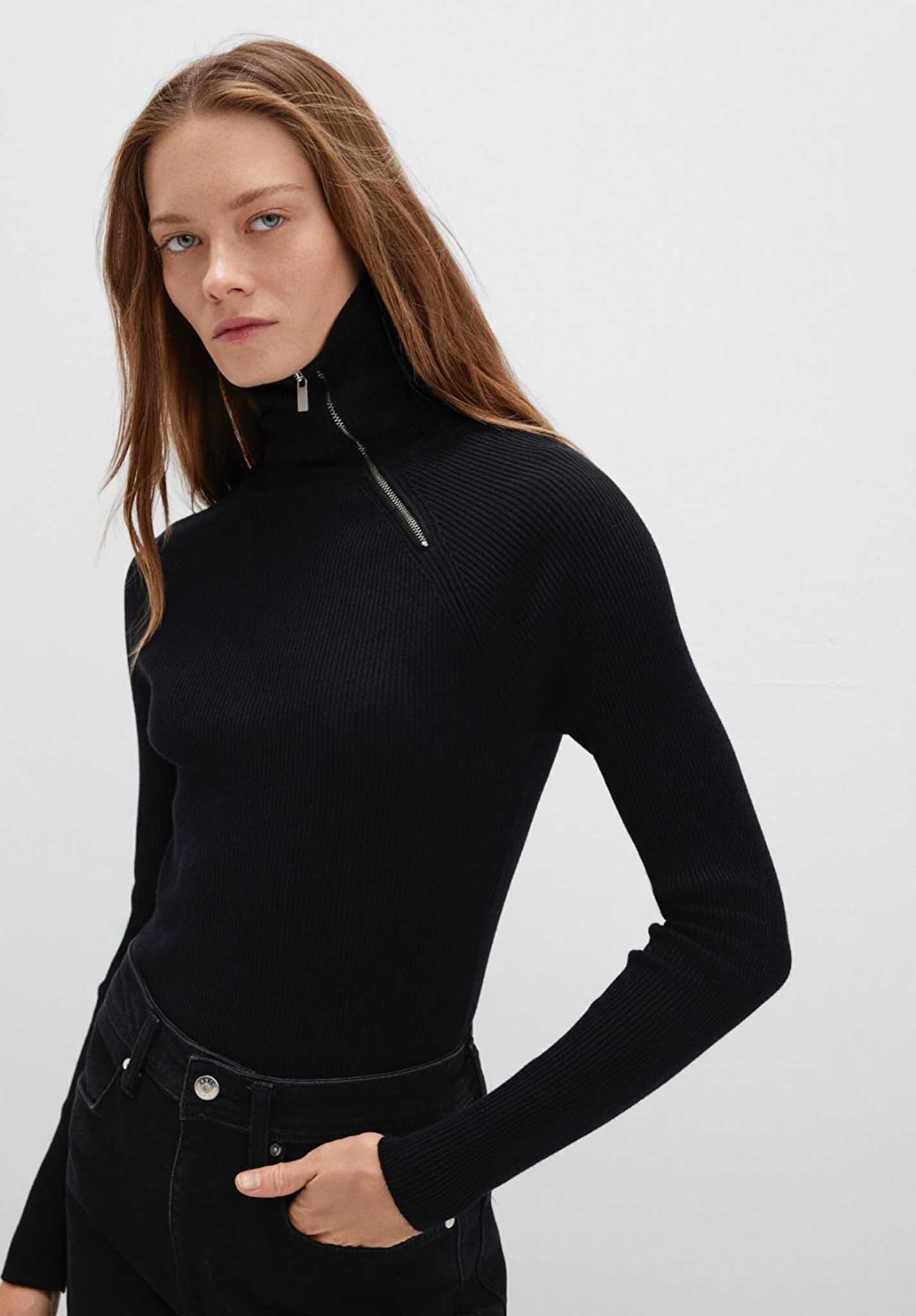 Fermuar Detaylı Dik Yaka Siyah Slim Fit Kazak