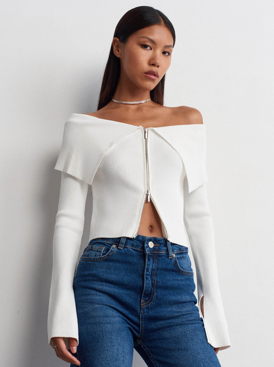 Fermuarlı Fitilli Metal Fermuar Ekru Triko Hırka