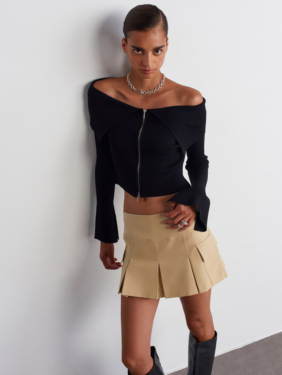 Fermuarlı Fitilli Metal Fermuar Siyah Triko Hırka