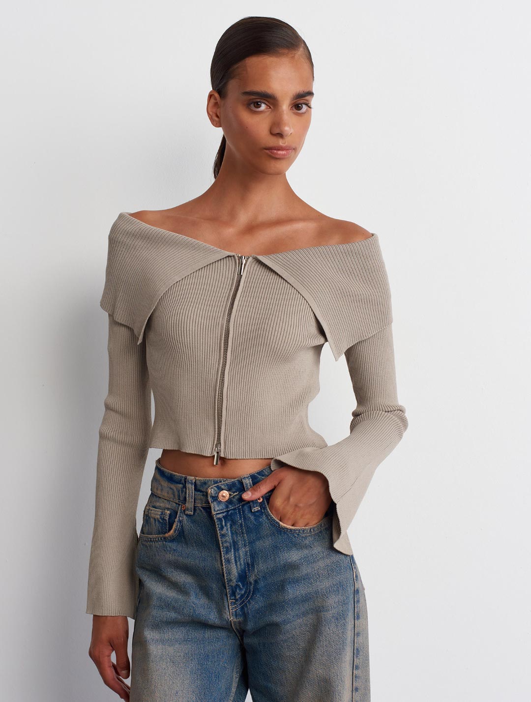 Fermuarlı Fitilli Metal Fermuar Vizon Triko Hırka