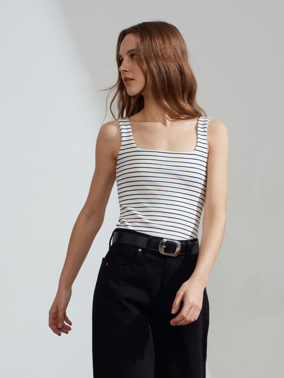 Kalın Askılı Çizgili Ekru-Siyah Atlet