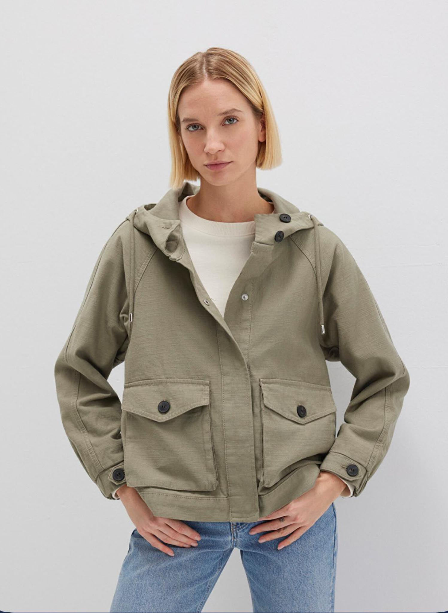 Kapüşonlu Haki Loose Fit Kadın Pamuk Ceket