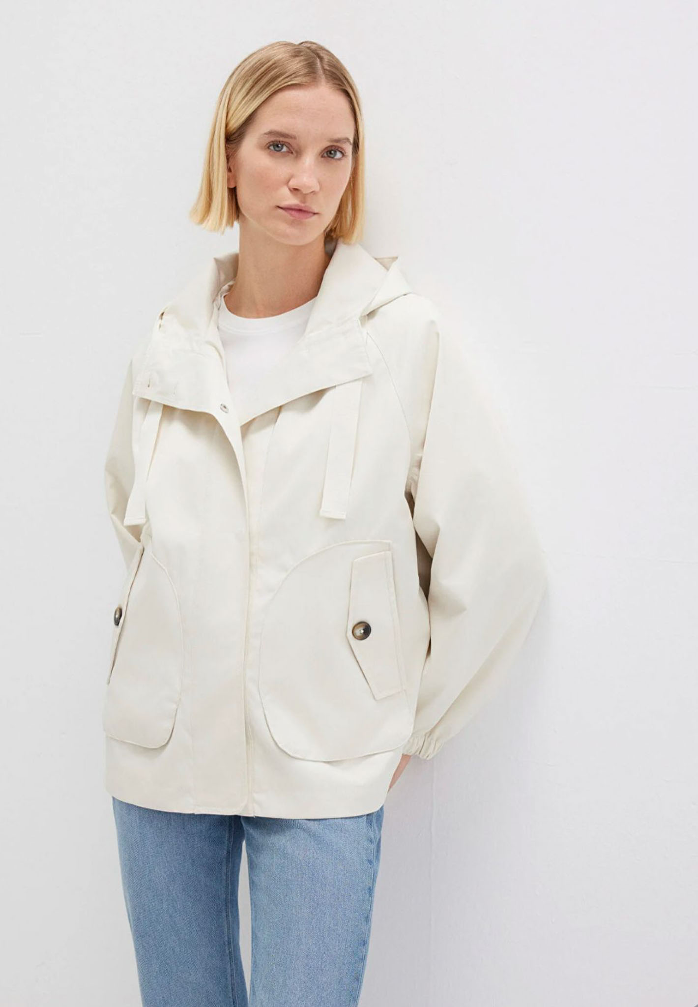 Kapüşonlu Mevsimlik Ekru Loose Fit Ceket