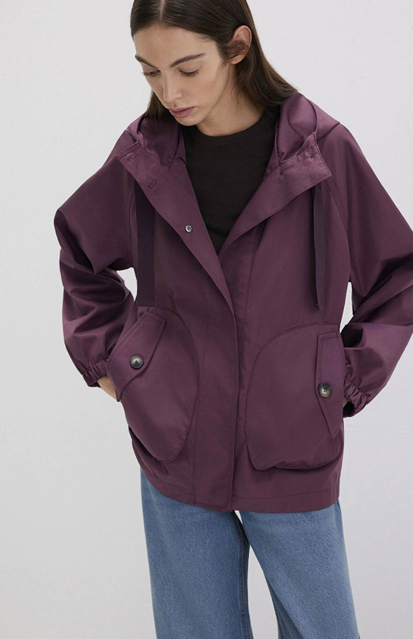 Kapüşonlu Mor Loose Fit Kadın Ceket