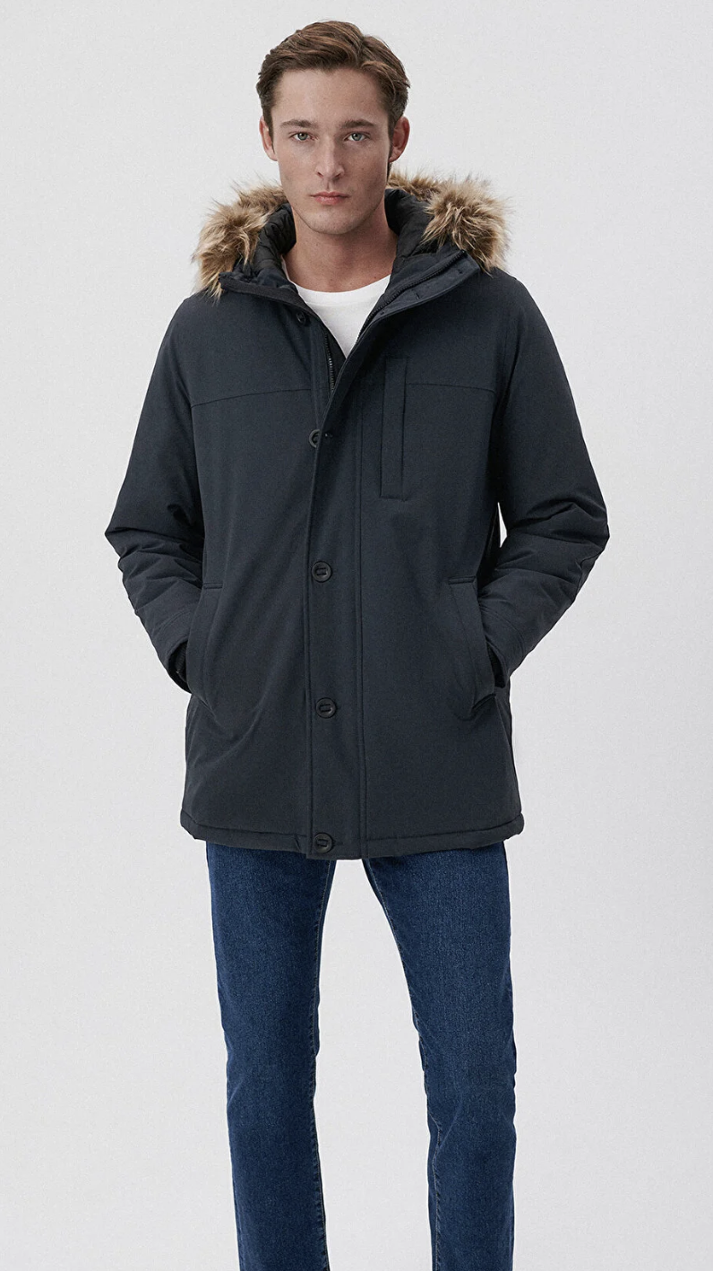 Kapüşonu Kürklü Füme Gri Regüler Fit Parka