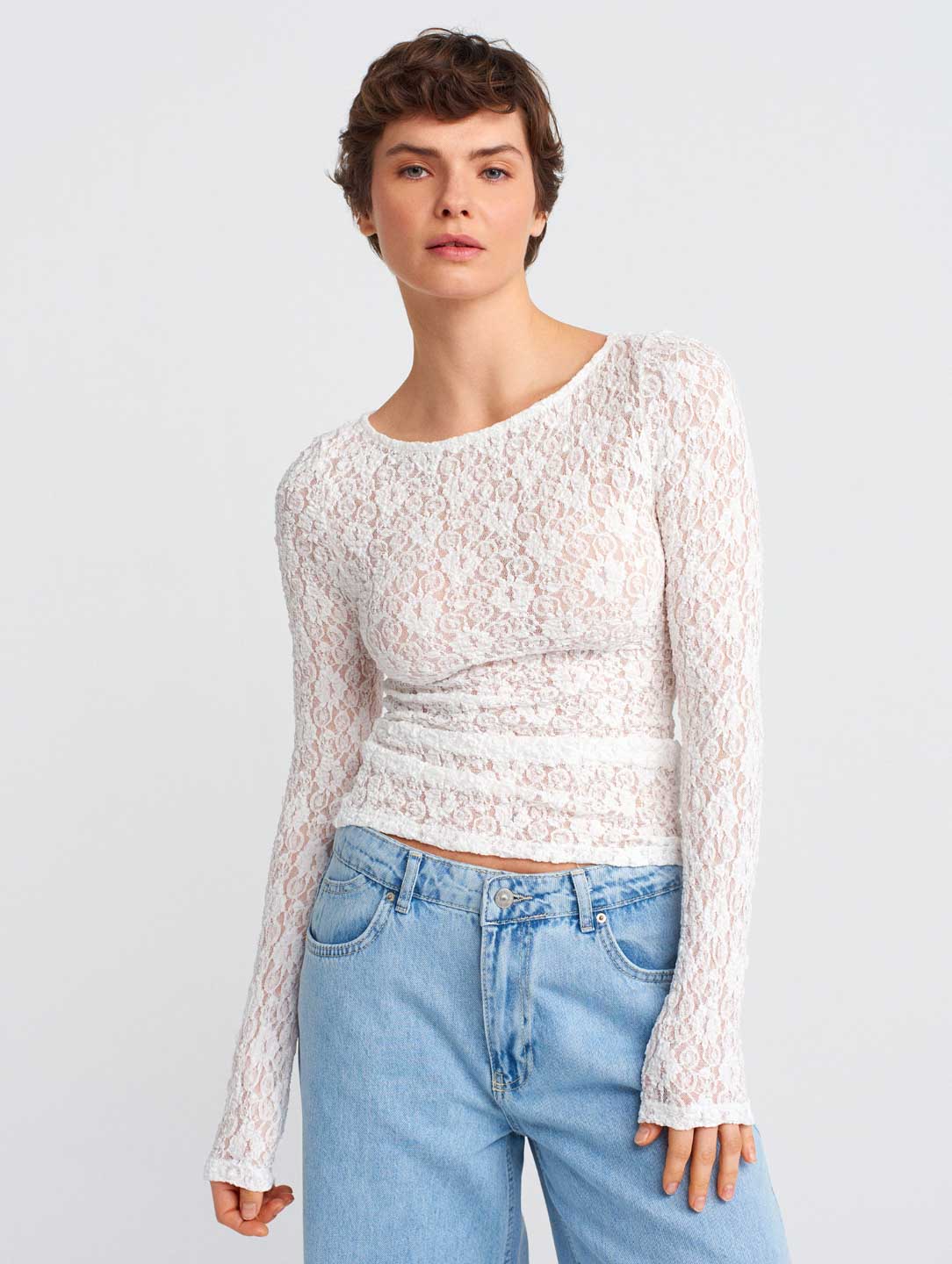 Kayık Yaka Dantel Top Ekru Bluz