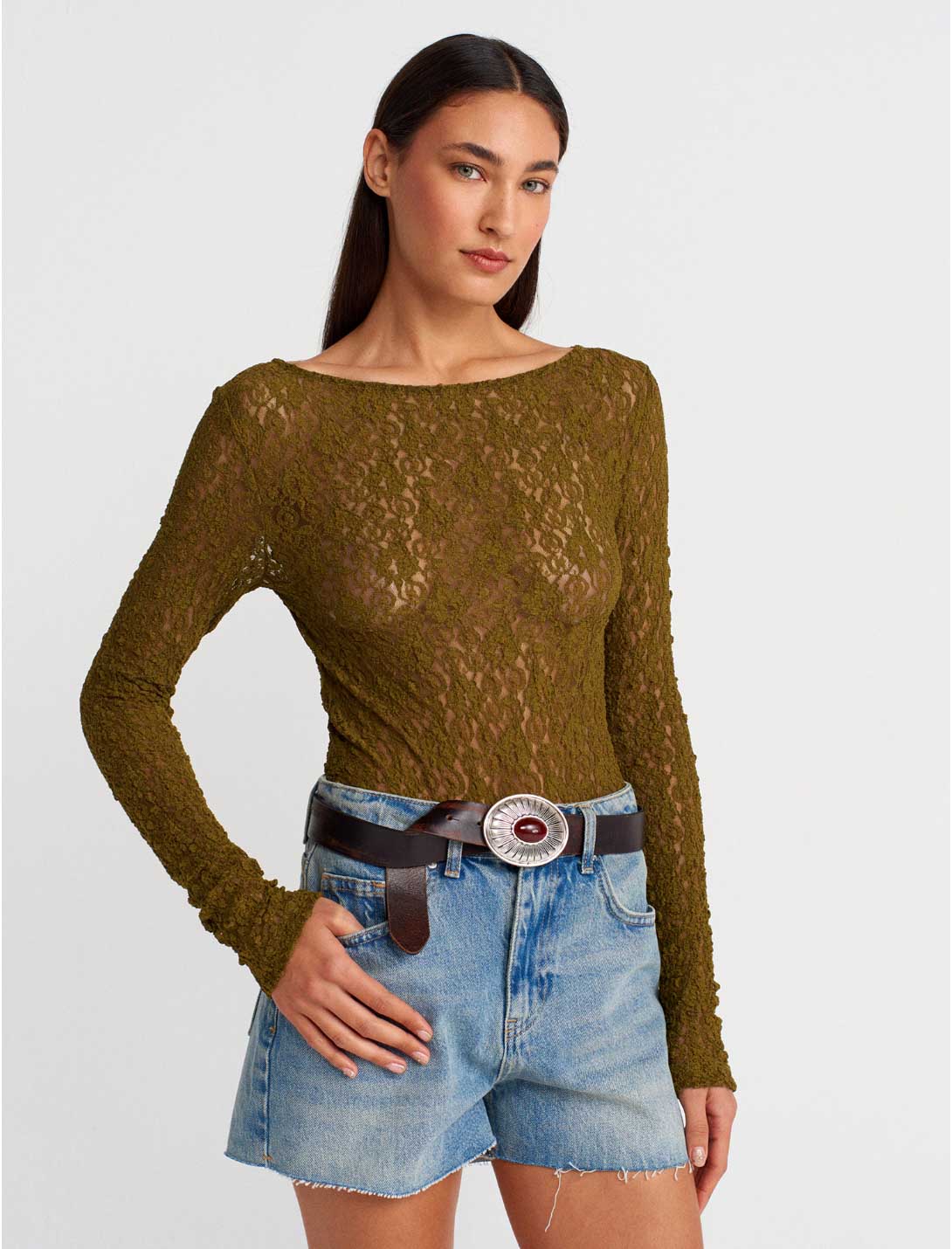 Kayık Yaka Dantel Top Yağ Yeşili