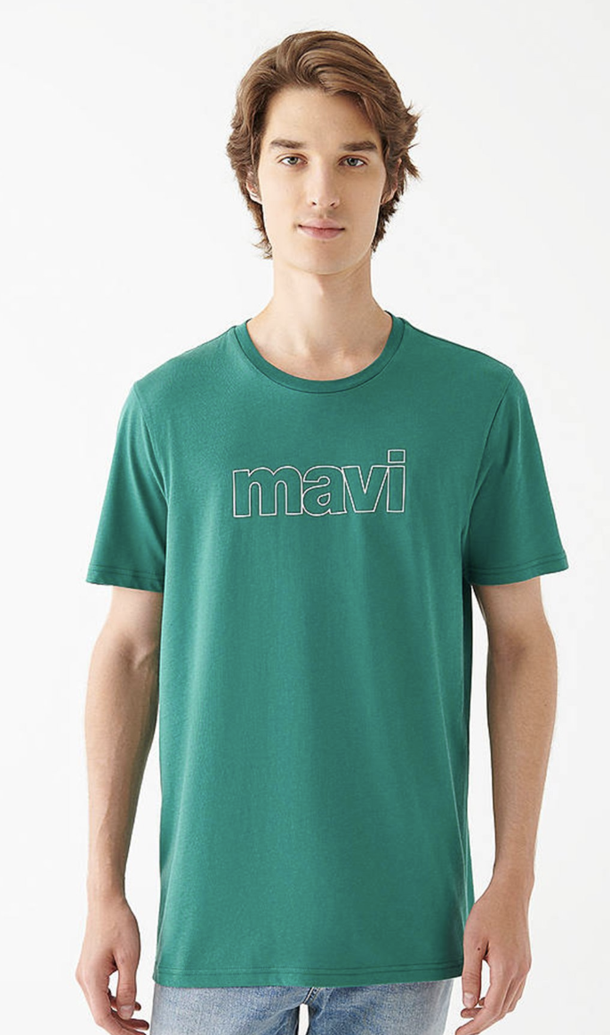 Kirli Yeşil Mavi Logo Baskılı Pamuk Tişört