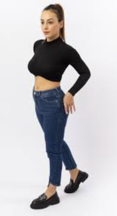 Lacivert Denim Kesik Paça Likralı Mum Jeans