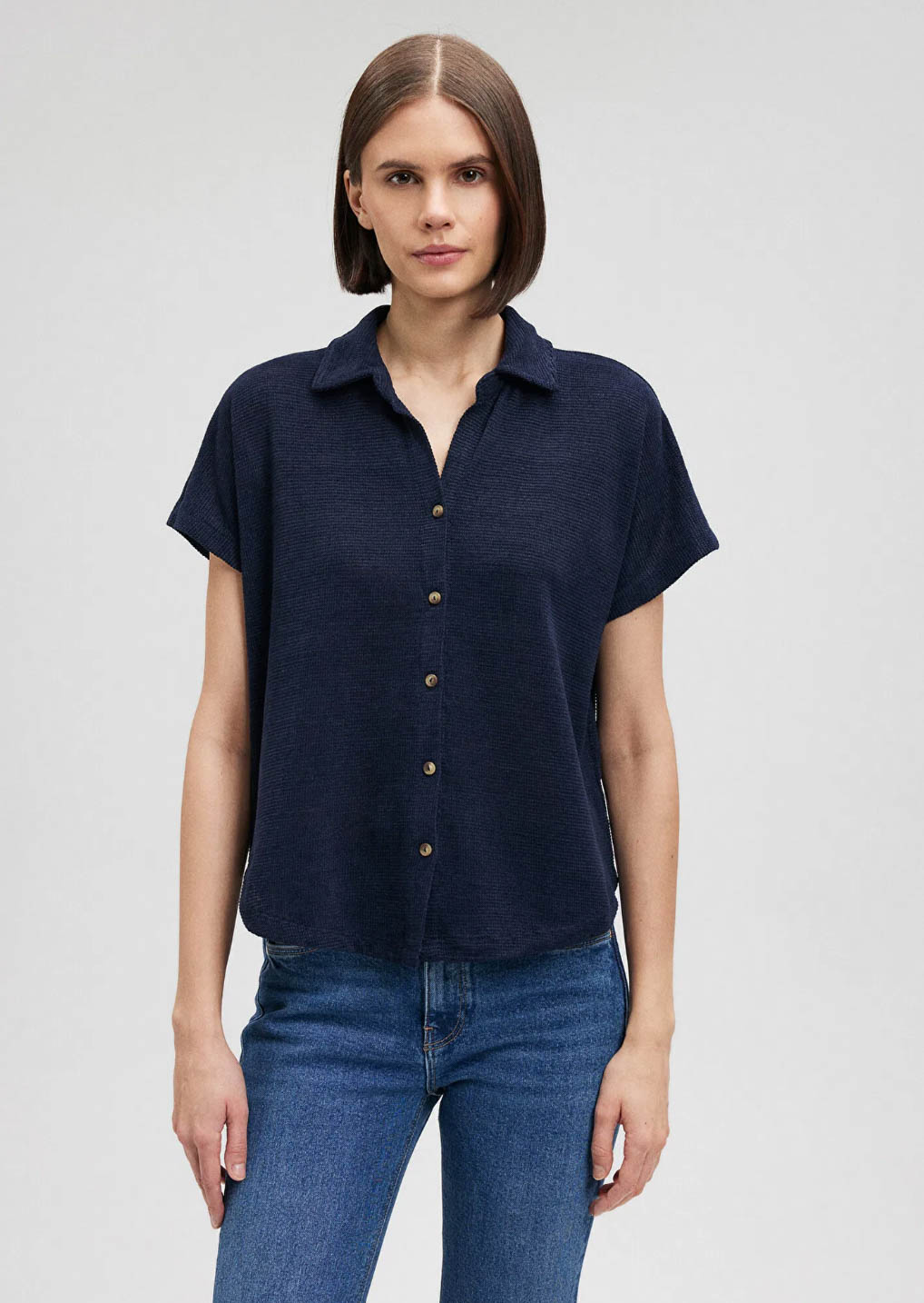 Lux Touch Lacivert Polo Yaka Regular Fit Bluz