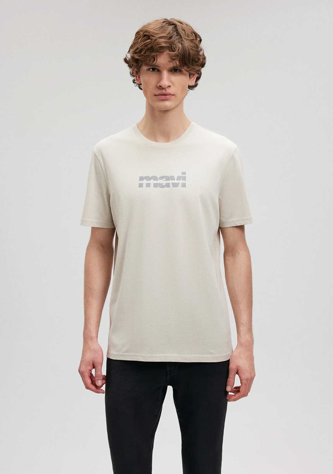 Mavi Logo Baskılı Gri Tişört