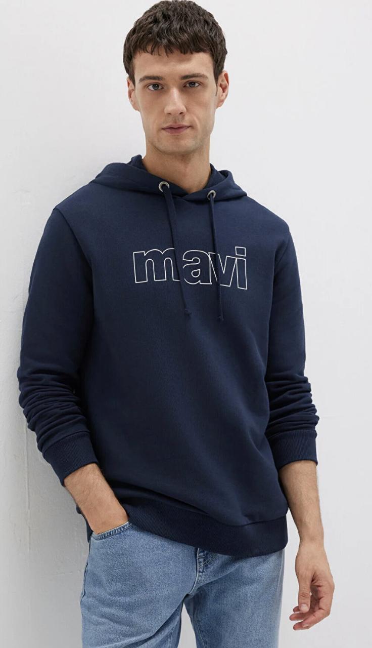 Mavi Logo Baskılı Kapüşonlu Gece Lacivert Sweatshirt