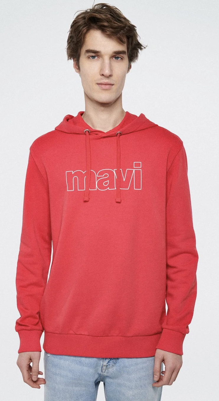 Mavi Logo Baskılı Kapüşonlu Koyu Kırmızı Sweatshirt
