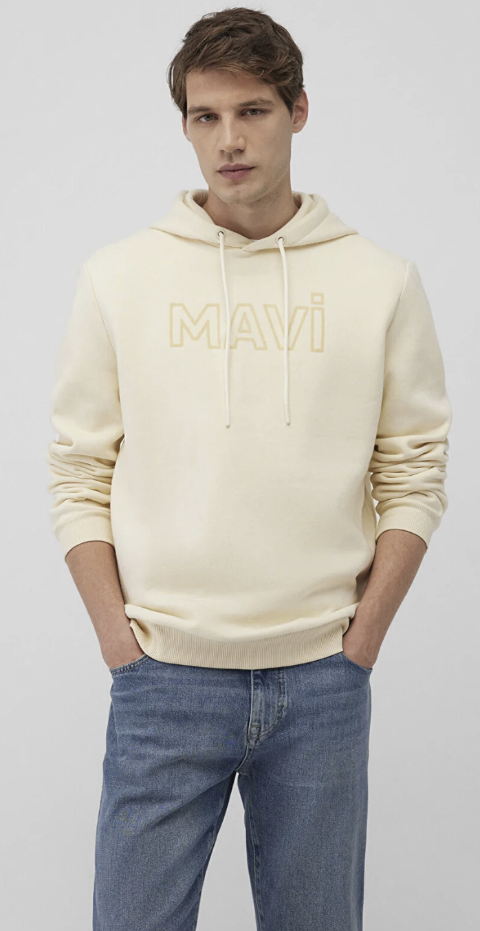 Mavi Logo Baskılı Kapüşonlu Regüler Fit Bej Sweatshirt