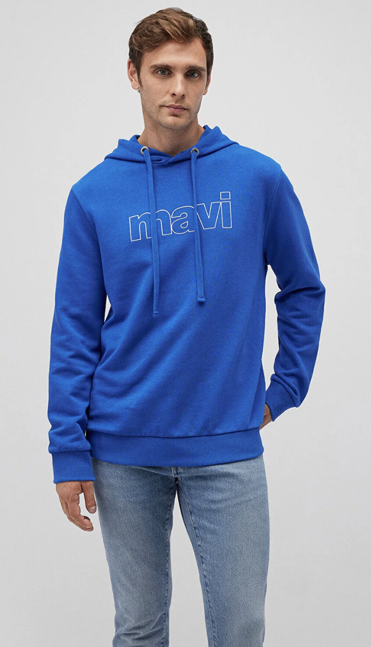 Mavi Logo Baskılı Kapüşonlu Saks Sweatshirt