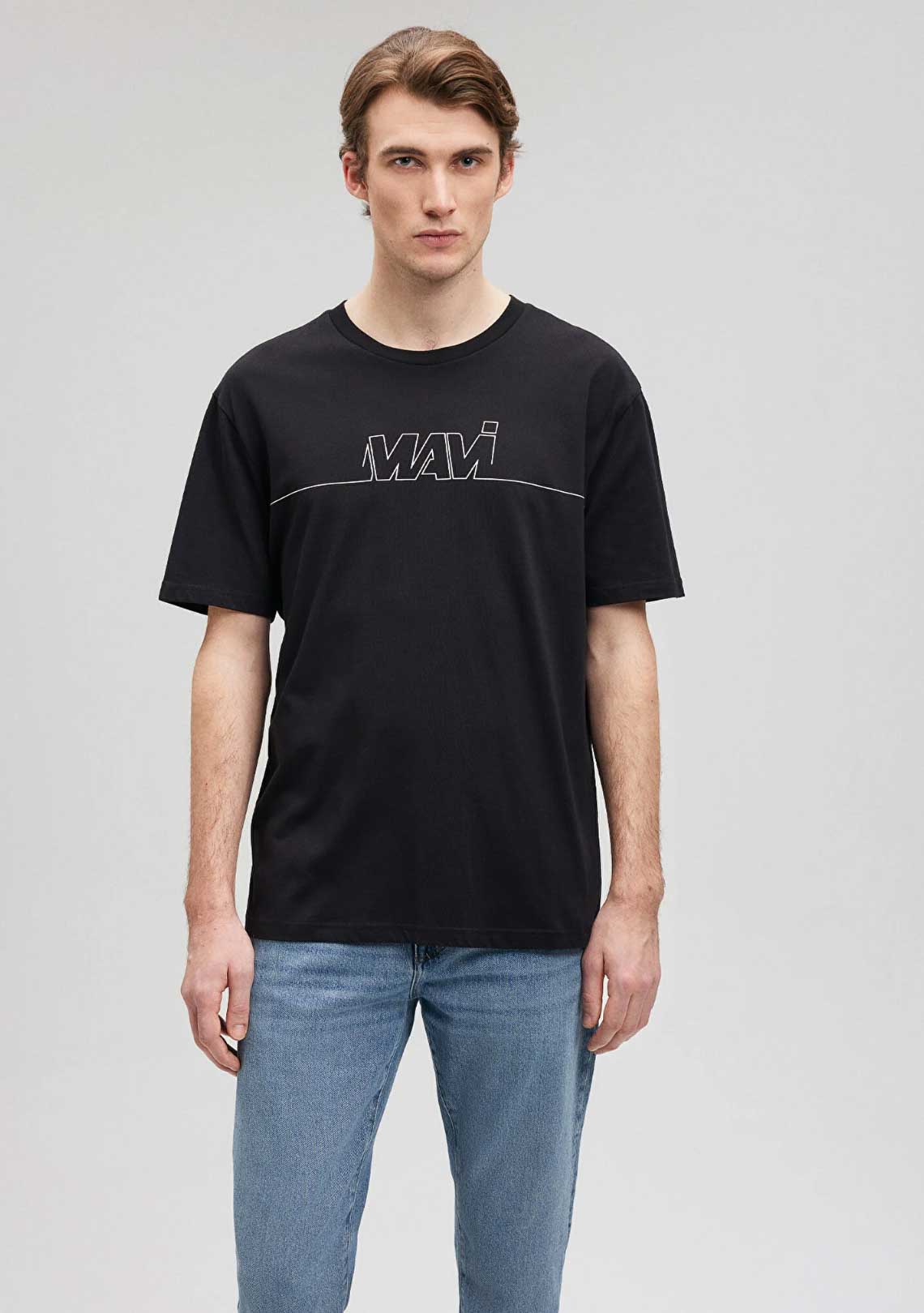 Mavi Logo Baskılı Siyah Loose Fit Tişört