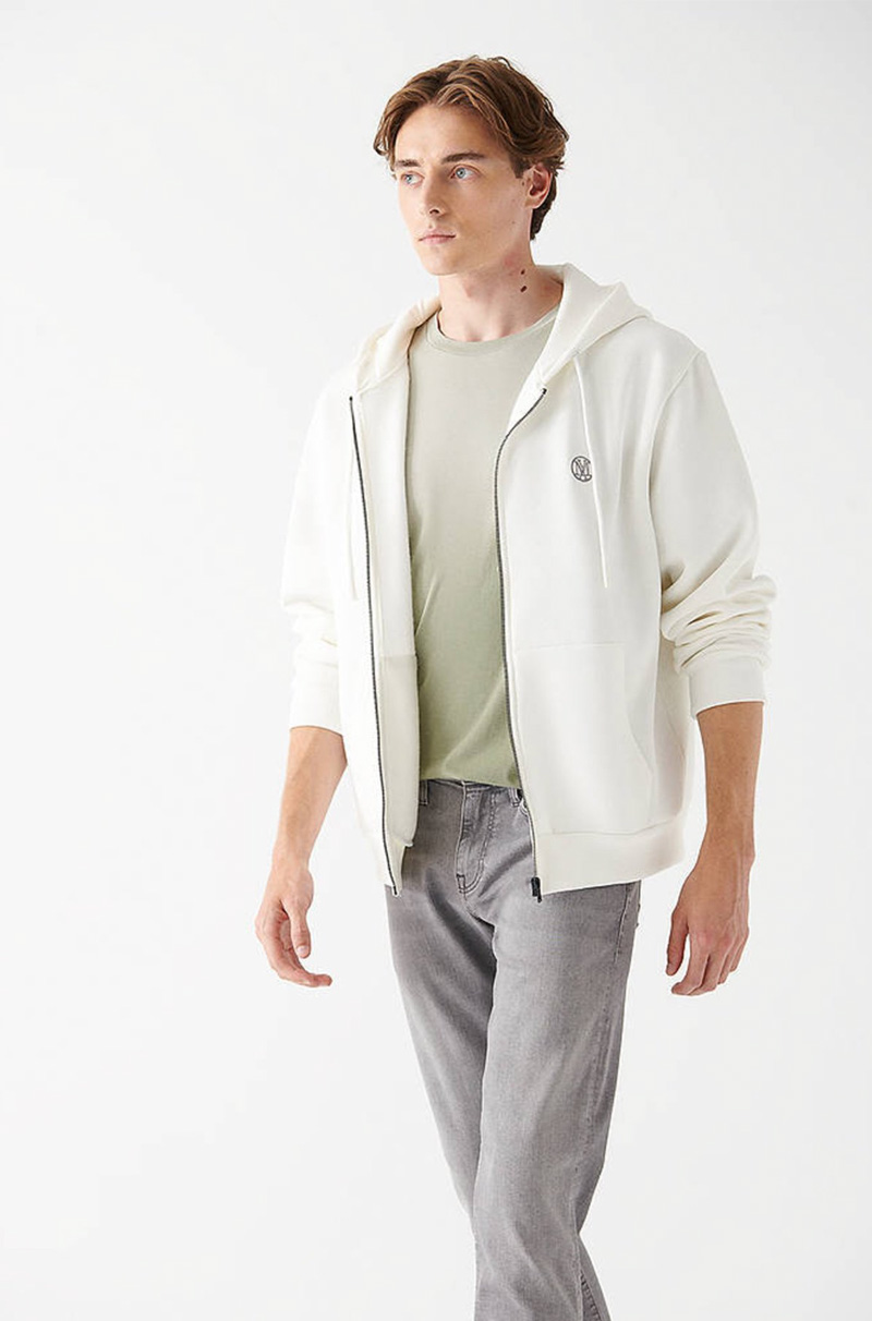 Mavi Logolu Kapüşonlu Fermuarlı Beyaz Sweatshirt