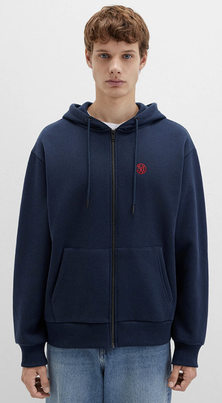Mavi Logolu Kapüşonlu Fermuarlı Lacivert Sweatshirt