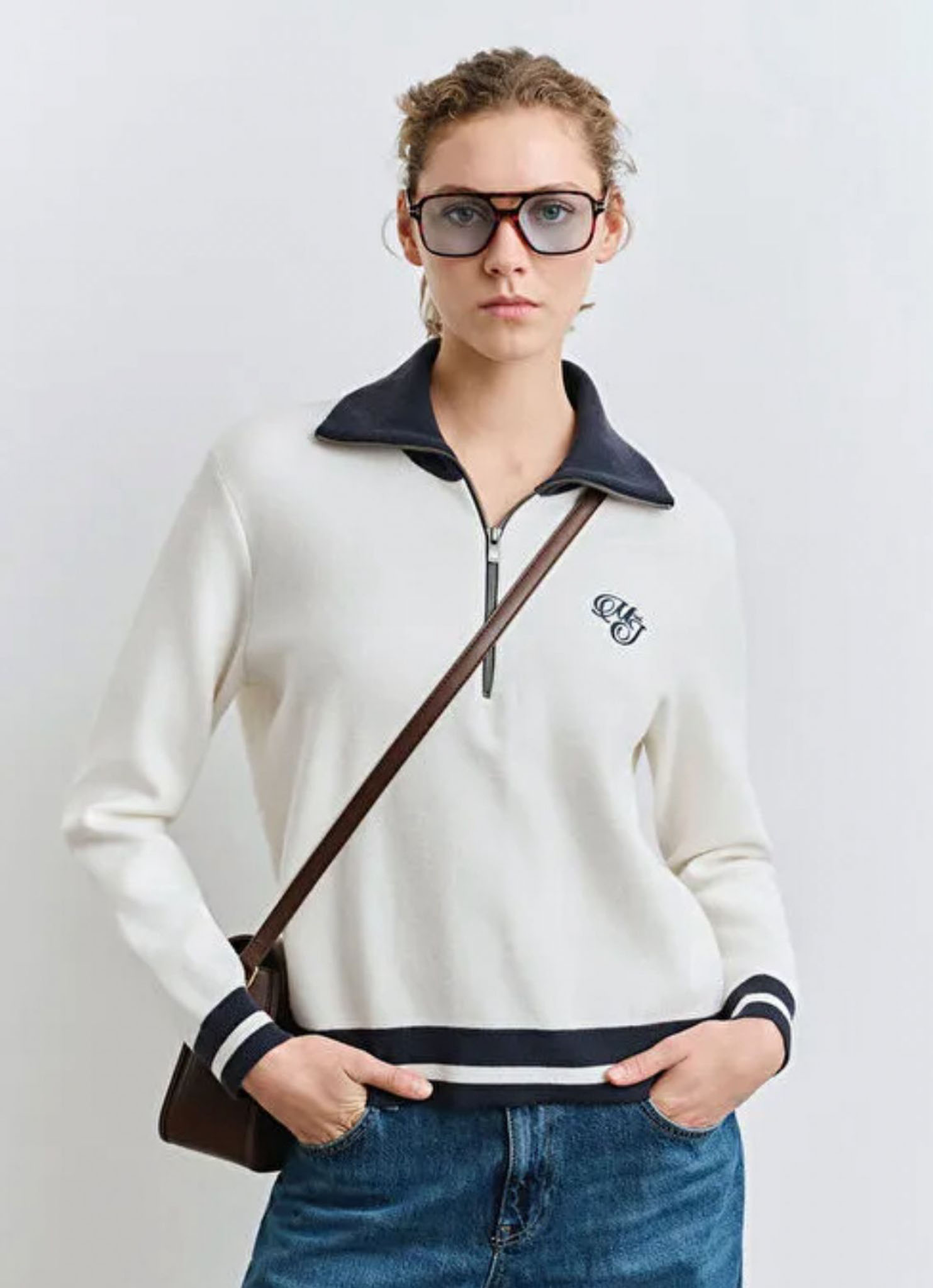 MJ Nakışlı Yarı Fermuarlı Loose Fit Kazak