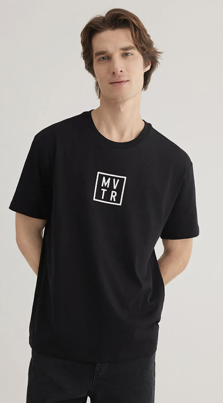 MVTR Baskılı Siyah Loose Fit Tişört