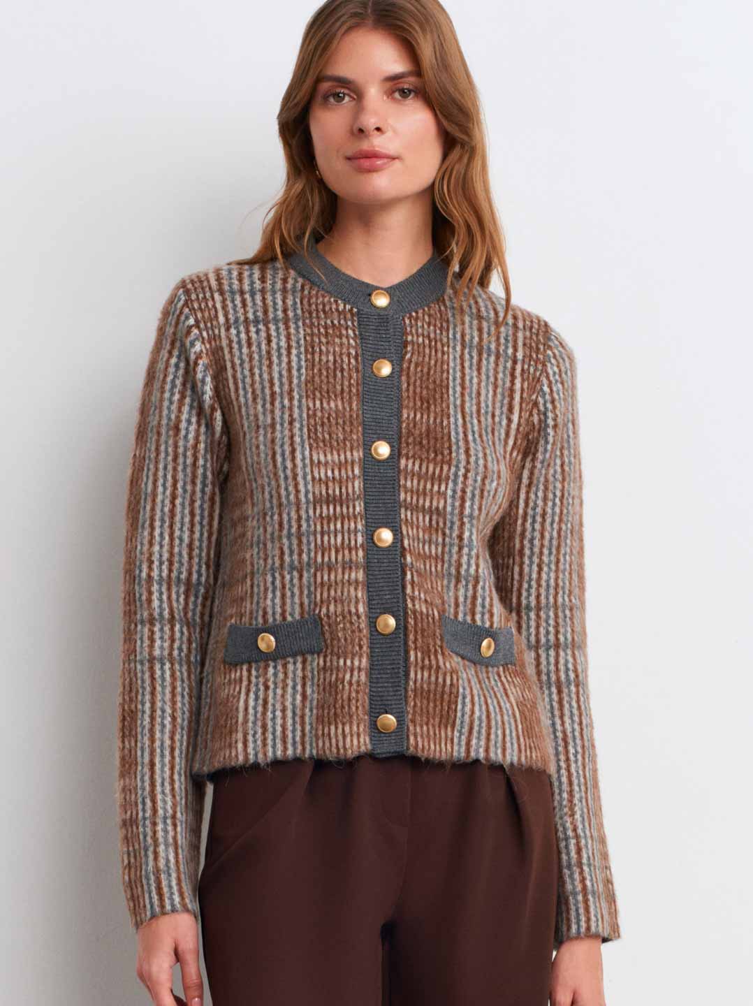 Şardonlu Triko Kahve Ekose Hırka