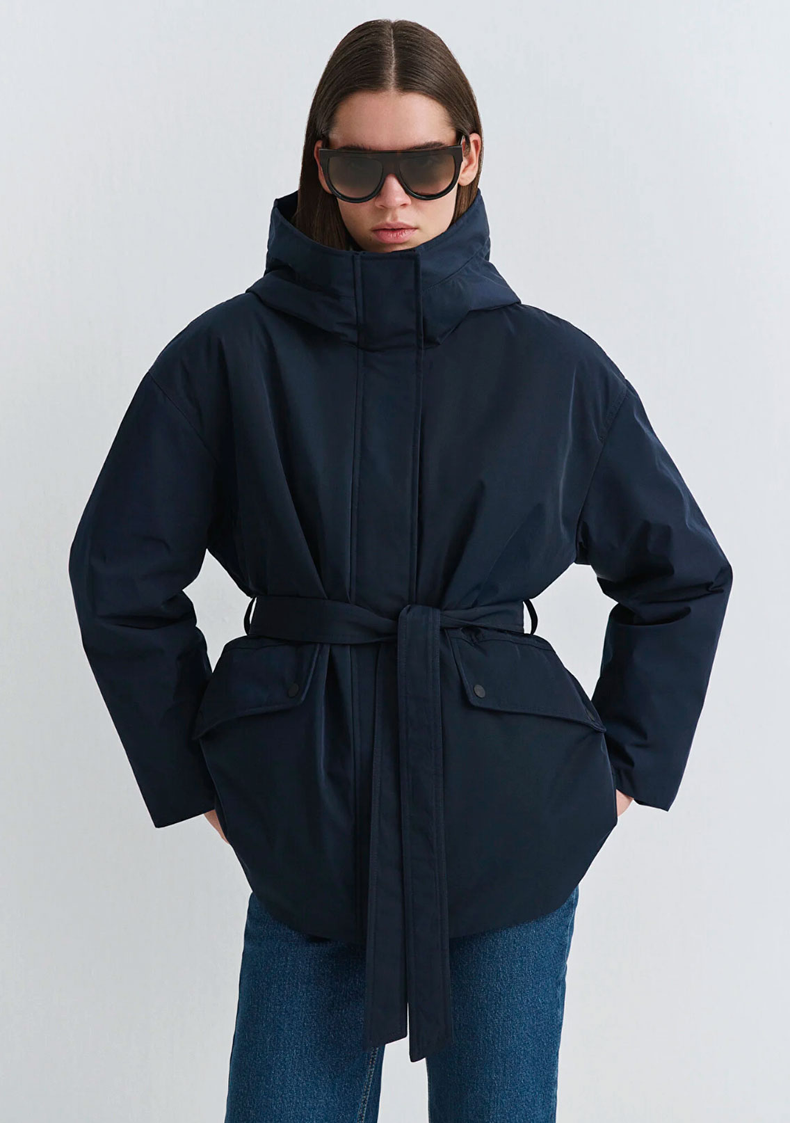 Su İtici Beli Kemerli Lacivert Oversize Parka