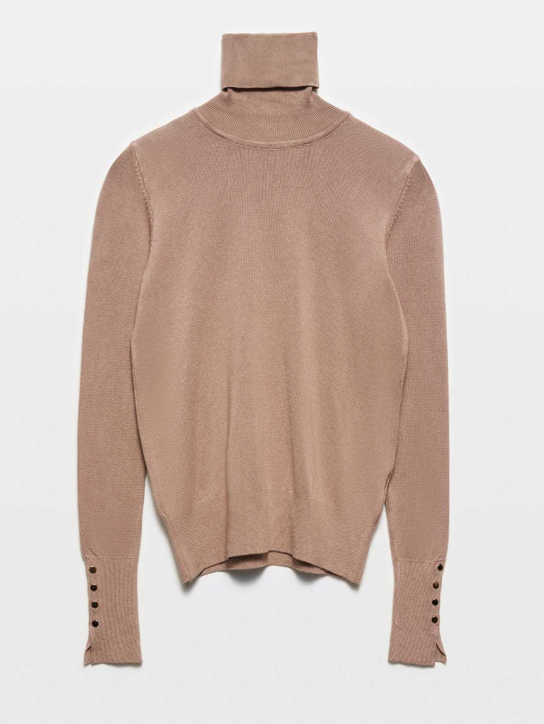 Tam Balıkçı Yaka Kolu Gold Düğmeli Vizon Kazak