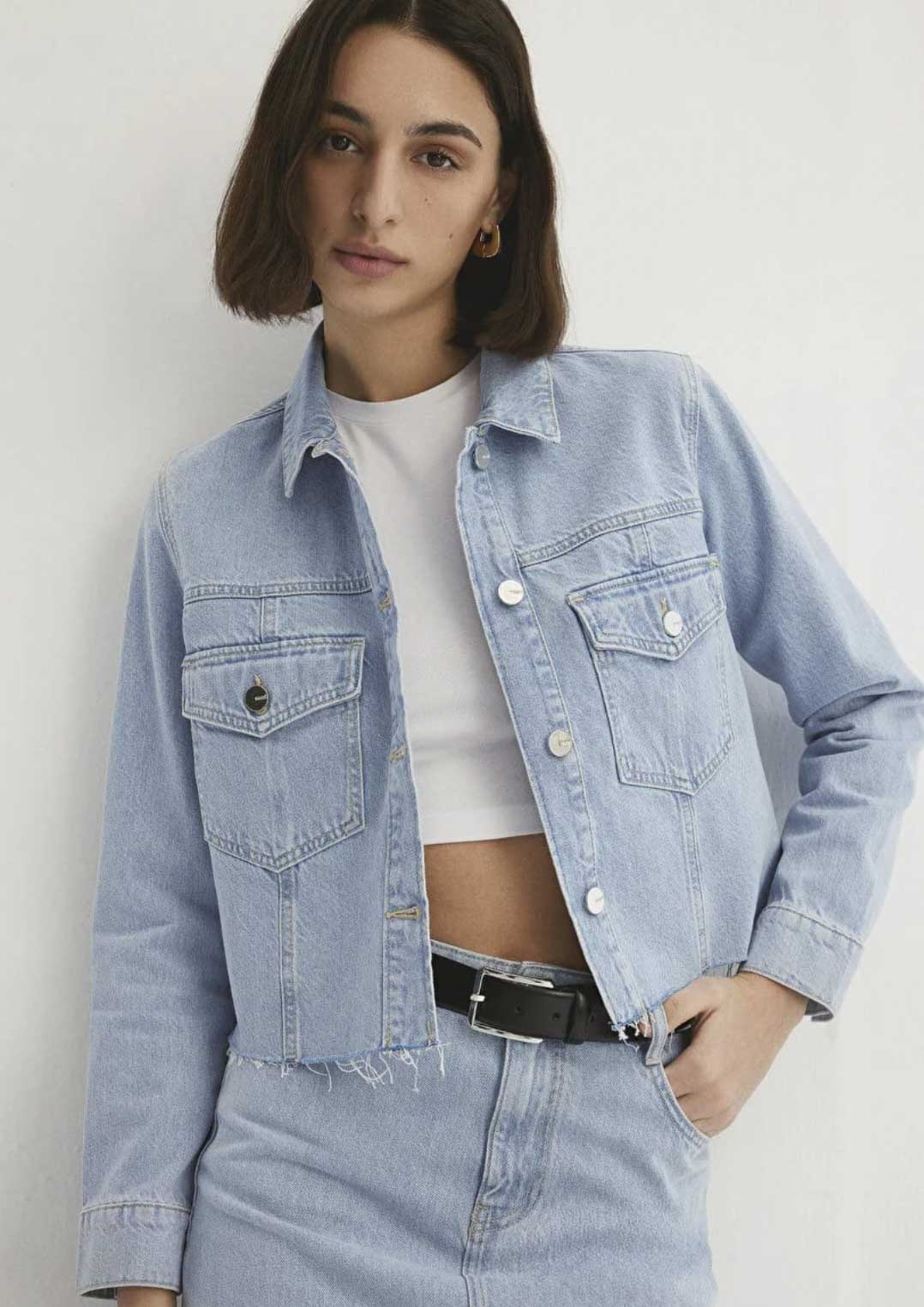 Thalia Mavi Premium Buz Mavi Crop Jean Ceket