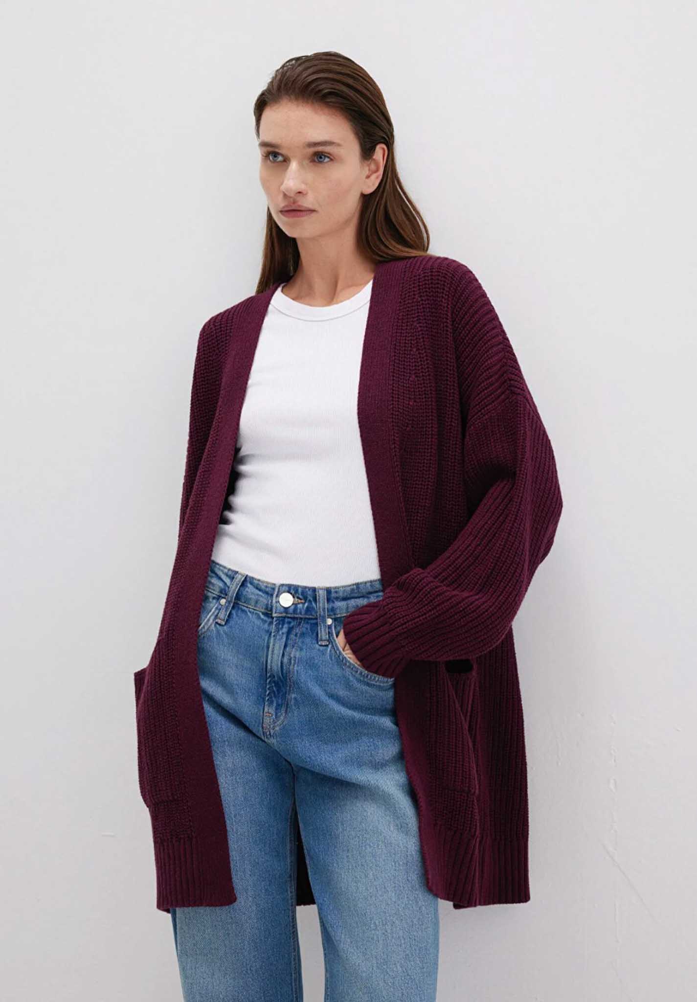 Uzun Bordo Loose Fit Triko Hırka