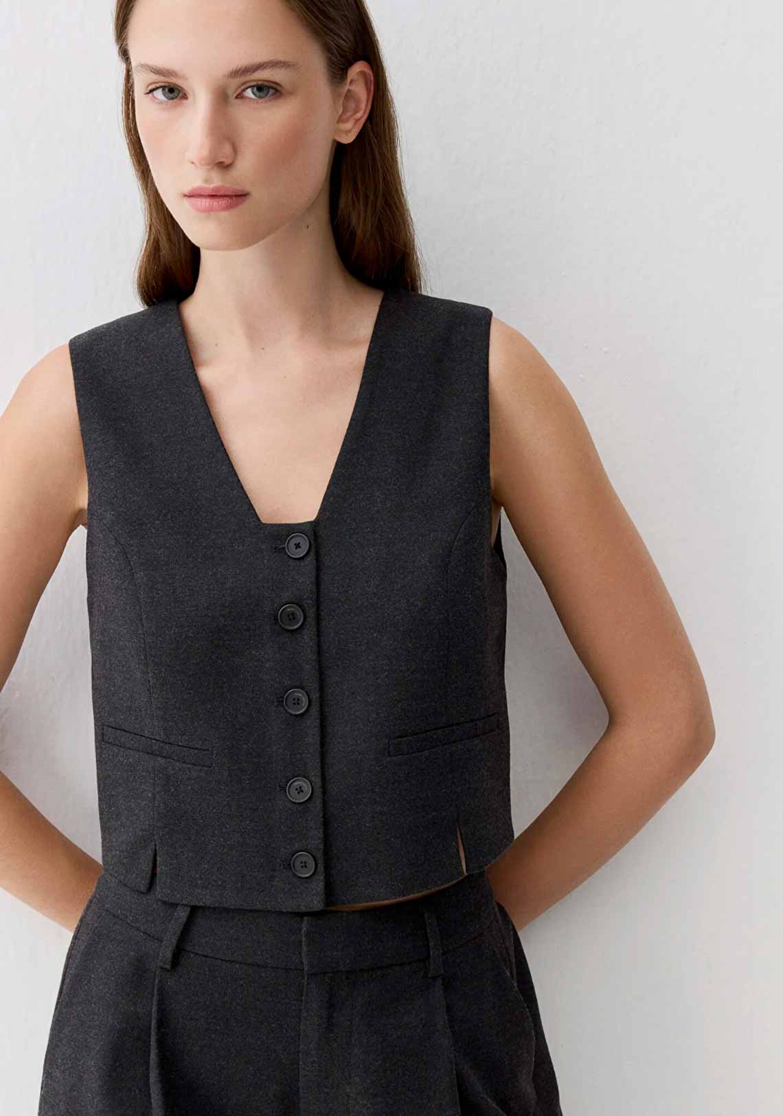 Yün Karışımlı Antrasit Slim Fit Kadın Yelek