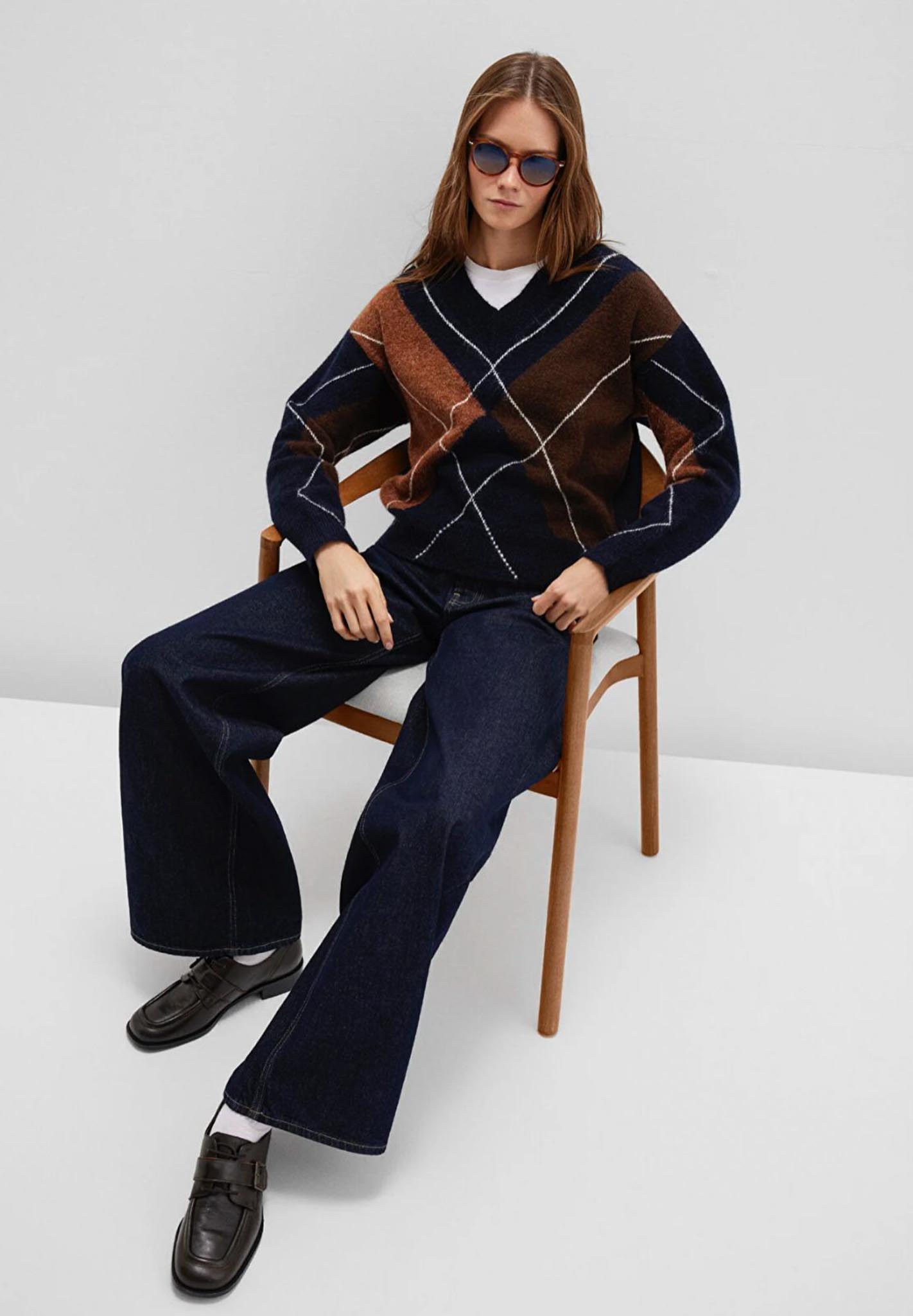 Yün Karışımlı Baklava Desenli Lacivert Loose Fit Kadın Kazak